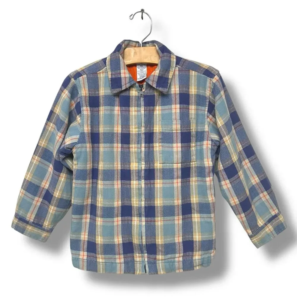 Gymboree Jacket Flannel Plaid Cotton Lined Full Zip Blue Tan Coat Boys Kids 6Y